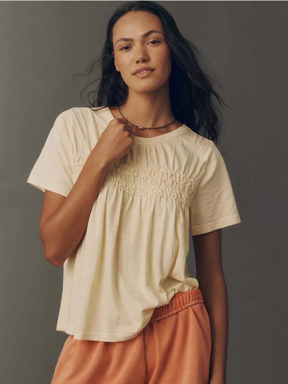 Pilcro Pale Yellow Smocked Chest Tee